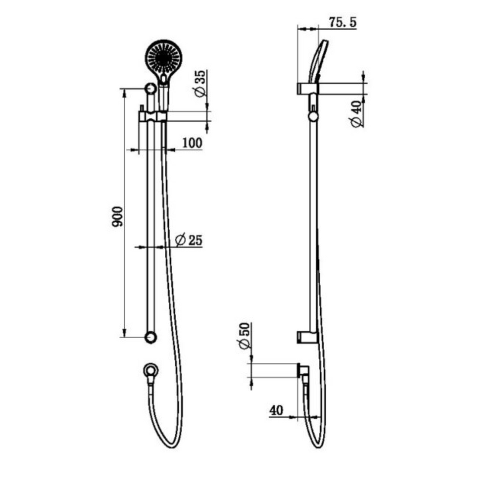 NERO MECCA CARE 25MM GRAB RAIL AND ADJUSTABLE SHOWER RAIL SET 900MM MATTE BLACK