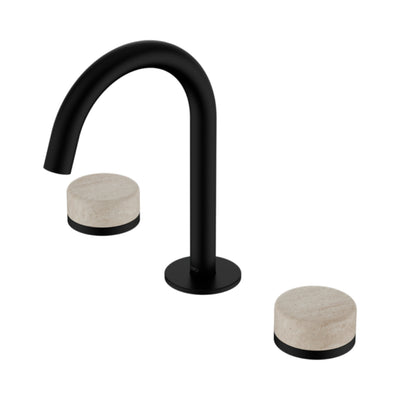 NERO SERENITY BASIN SET ARC SPOUT WITH ROME TRAVERTINE HANDLE 210MM MATTE BLACK