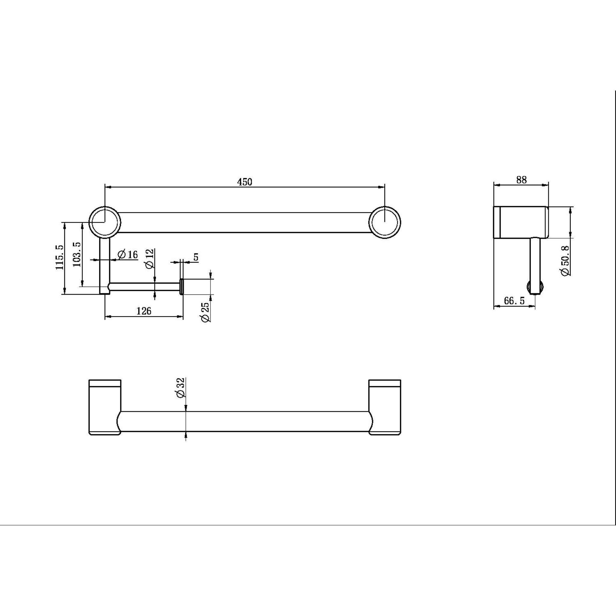 NERO MECCA CARE 32MM GRAB RAIL WITH TOILET ROLL HOLDER 450MM MATT BLACK