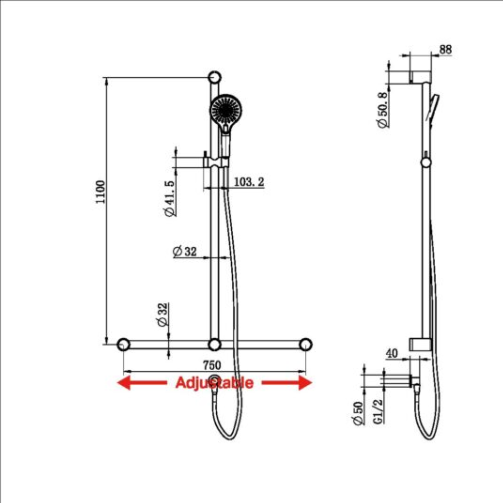 NERO MECCA CARE 32MM T BAR GRAB RAIL AND ADJUSTABLE SHOWER SET CHROME