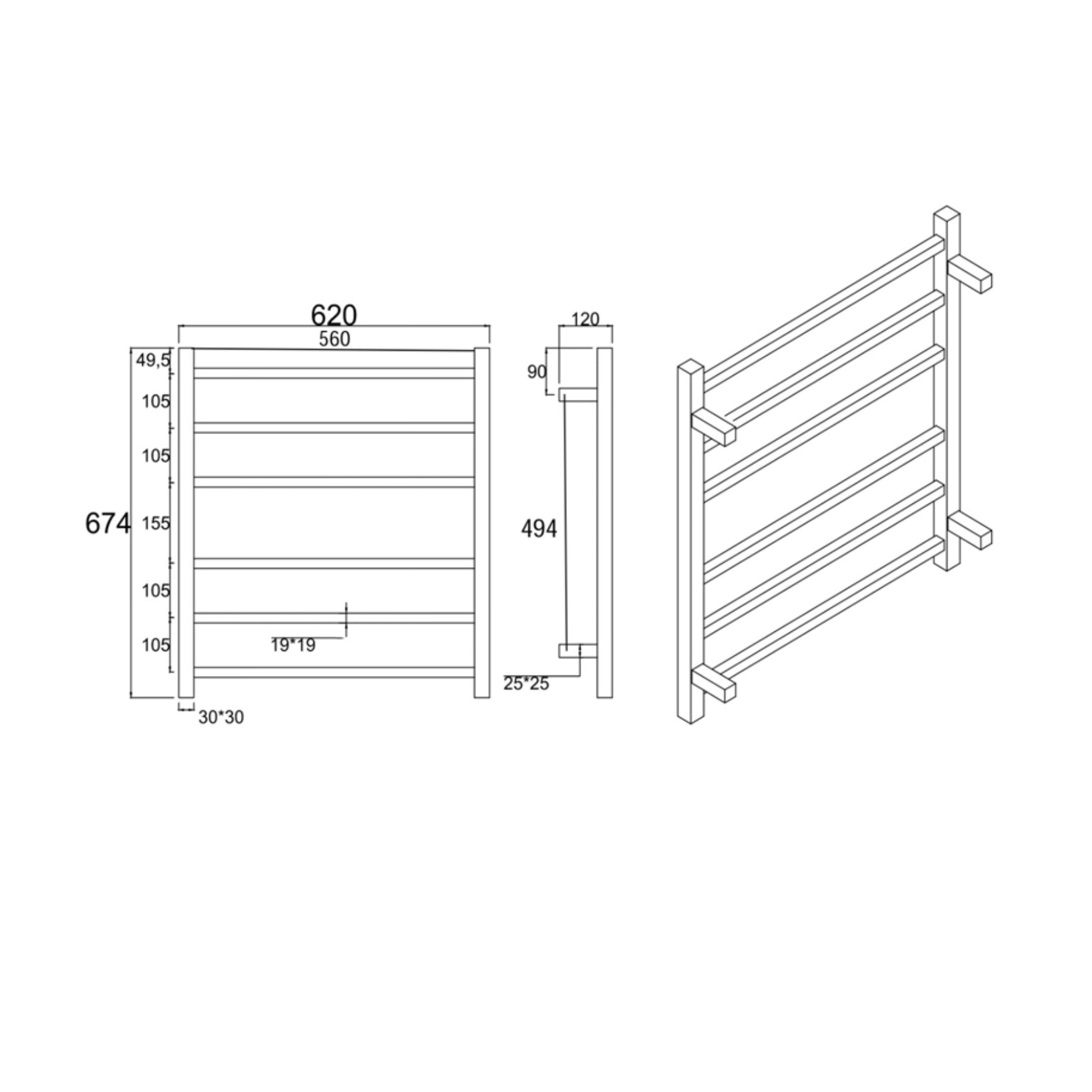 AQUAPERLA 6-BAR HEATED TOWEL RAIL GUN METAL 674MM