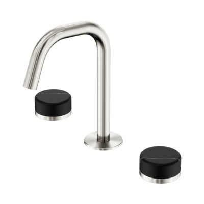 NERO SERENITY BASIN SET EDGE SPOUT WITH MARQUINA BLACK HANDLE 210MM BRUSHED NICKEL