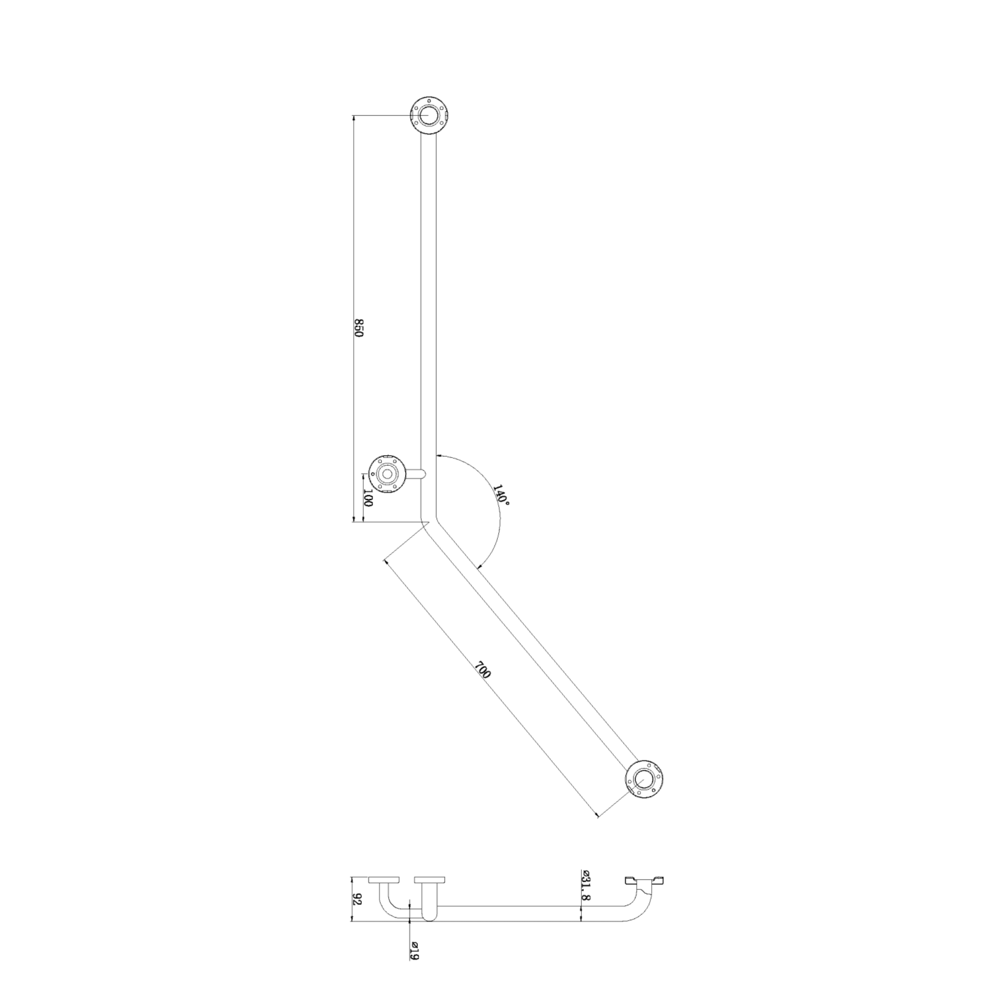 NERO CLASSIC CARE SS304 140 DEGREES LEFT HAND 800MM CHROME