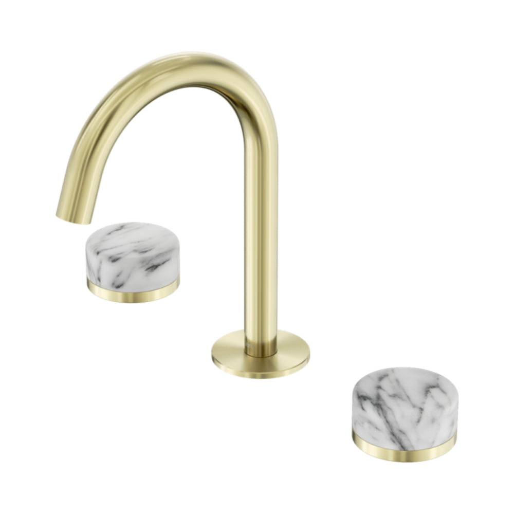 NERO SERENITY BASIN SET ARC SPOUT WITH ARABESCATO CORCHIA HANDLE 210MM BRUSHED GOLD