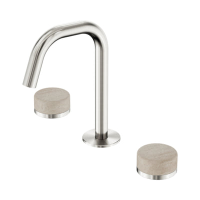 NERO SERENITY BASIN SET EDGE SPOUT WITH ROME TRAVERTINE HANDLE 210MM BRUSHED NICKEL