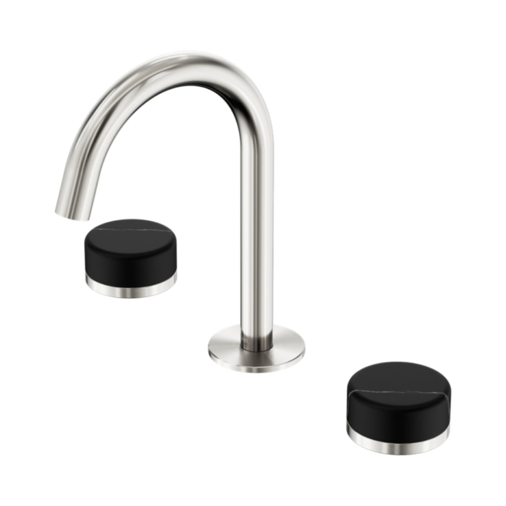 NERO SERENITY BASIN SET ARC SPOUT WITH MARQUINA BLACK HANDLE 210MM BRUSHED NICKEL