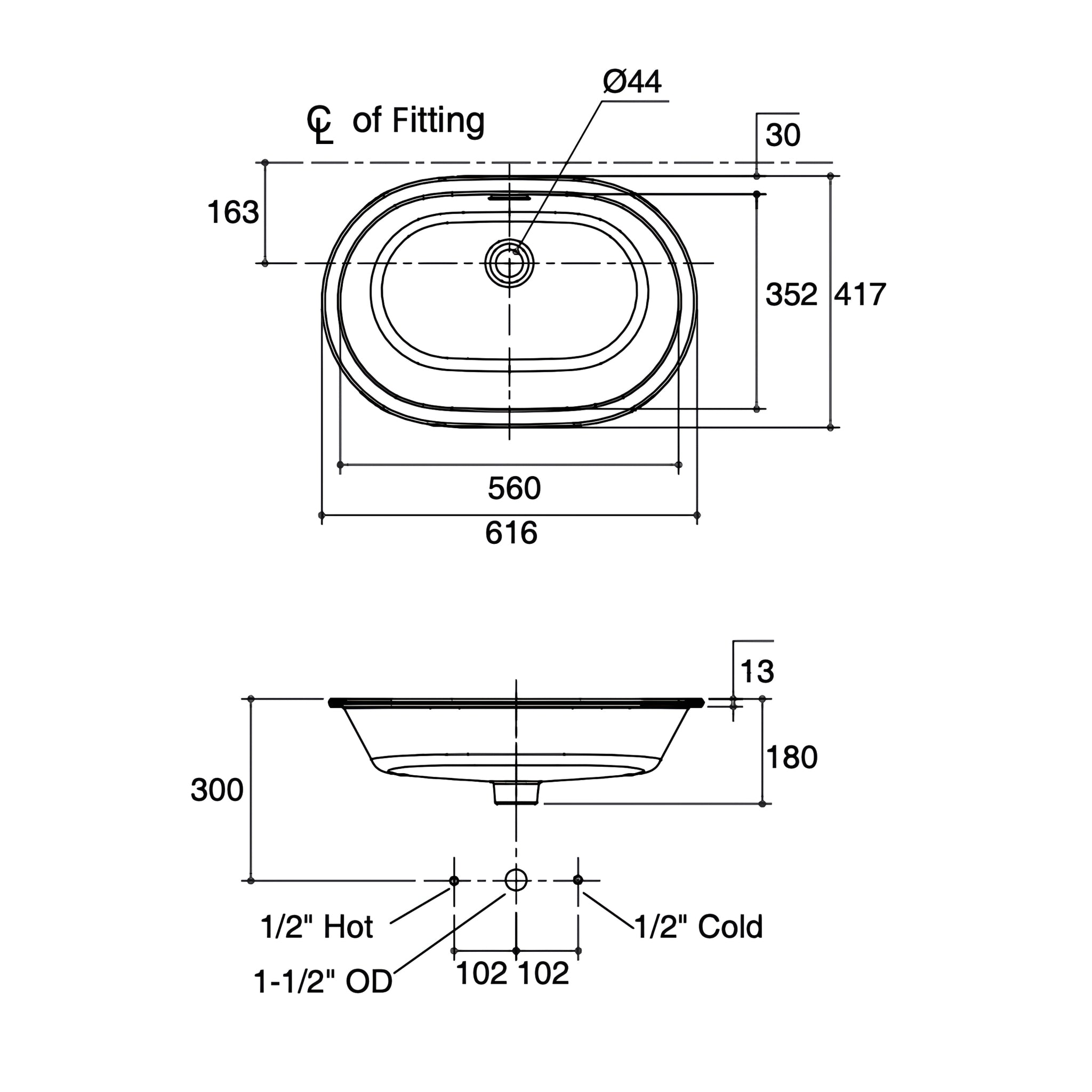 KOHLER BRAZN OVAL UNDER COUNTER BASIN WHITE 616MM