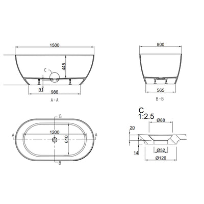 GARETH ASHTON BYRON FREESTANDING BATHTUB GLOSS WHITE (AVAILABLE IN 1500MM AND 1690MM)