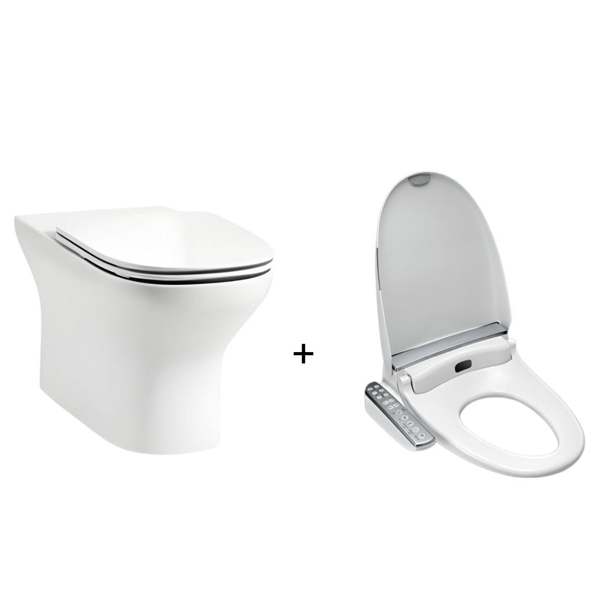 KOHLER ELECTRONIC BIDET SEAT W/ SIDE CONTROL AND MODERNLIFE WALL FACED TOILET PACKAGE ELONGATED GLOSS WHITE