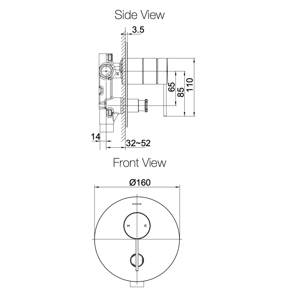 KOHLER COMPONENTS SHOWER / BATH WALL DIVERTER MIXER WITH PIN LEVER HANDLE & VALVE COMPLETE KIT MATTE BLACK