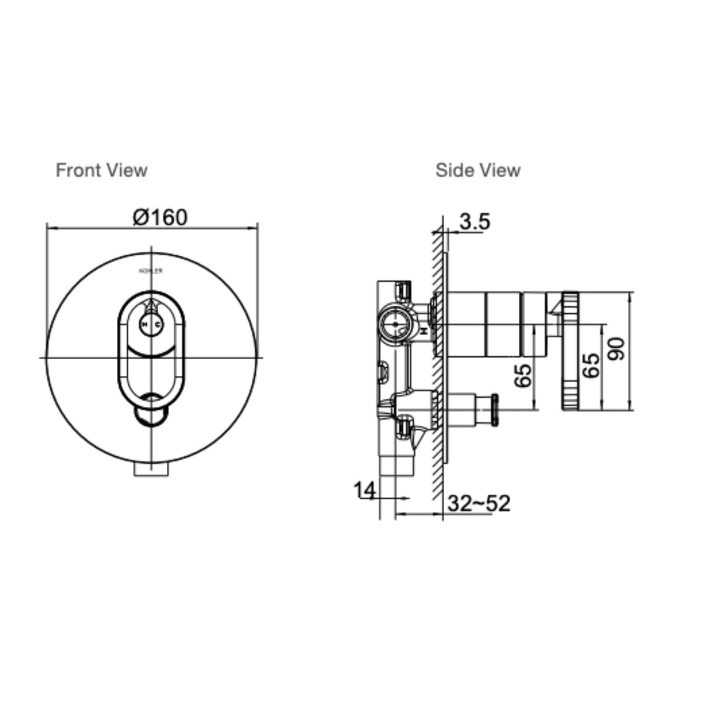 KOHLER COMPONENTS SHOWER / BATH WALL DIVERTER MIXER WITH INDUSTRIAL HANDLE & VALVE COMPLETE KIT CHROME