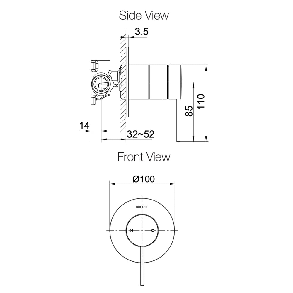 KOHLER COMPONENTS SHOWER / BATH WALL MIXER WITH PIN LEVER HANDLE & VALVE COMPLETE KIT BRUSHED BRASS