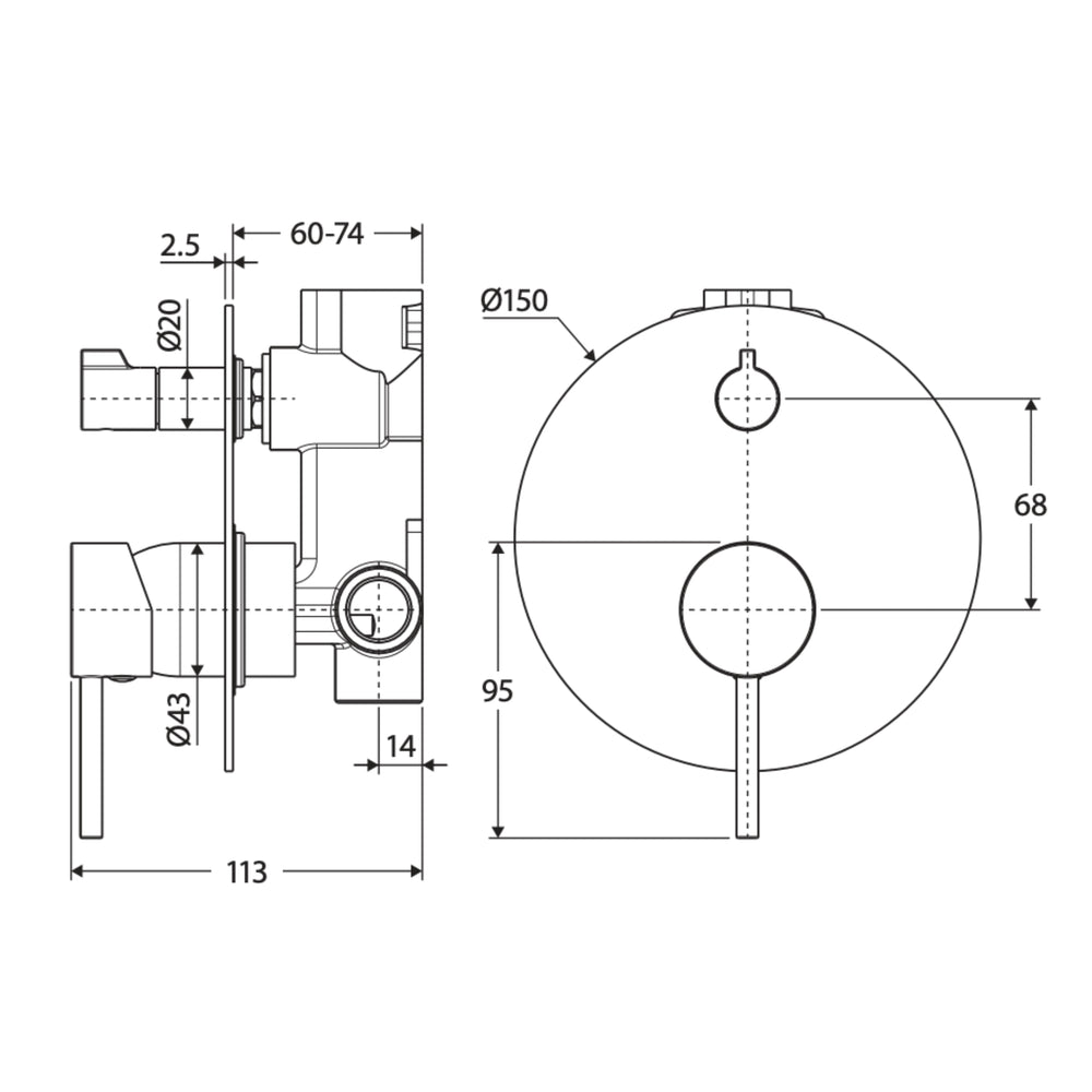 FIENZA KAYA WALL DIVERTER MIXER LARGE ROUND PLATE 150MM BRUSHED COPPER