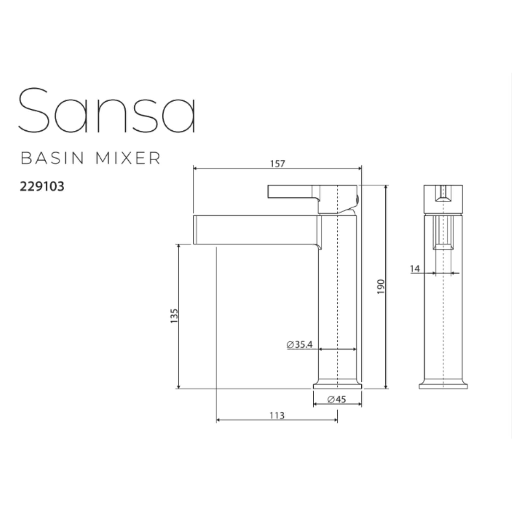 FIENZA SANSA BASIN MIXER 190MM MATTE BLACK