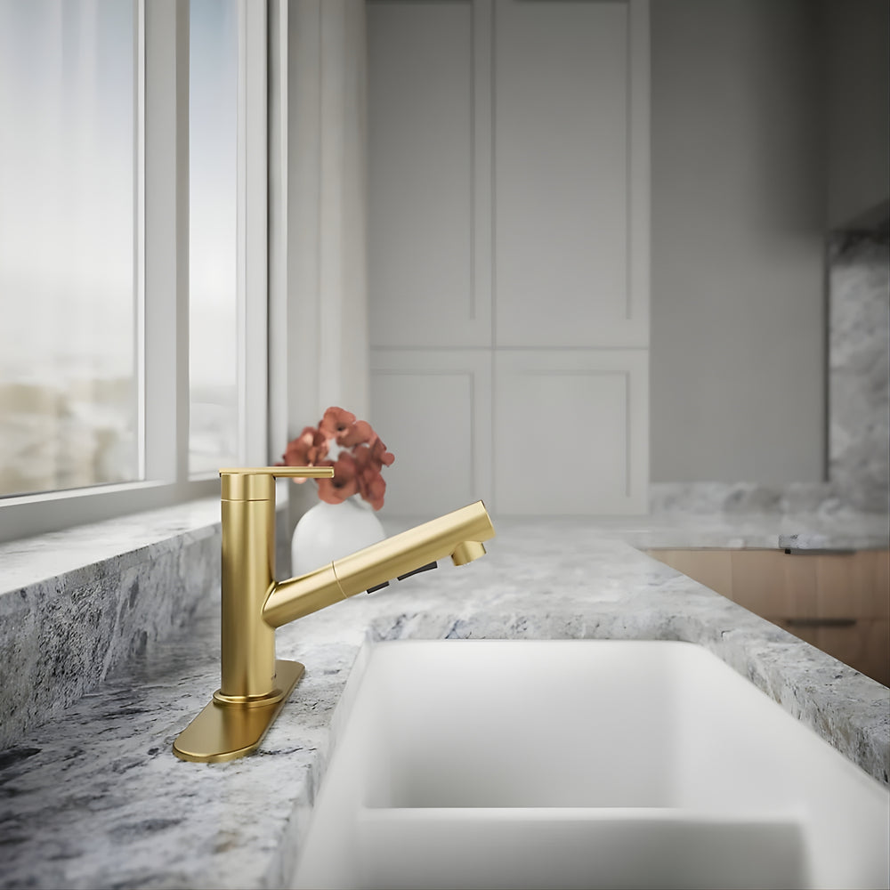 KOHLER CRUE PULL-OUT KITCHEN MIXER 208MM BRUSHED BRASS
