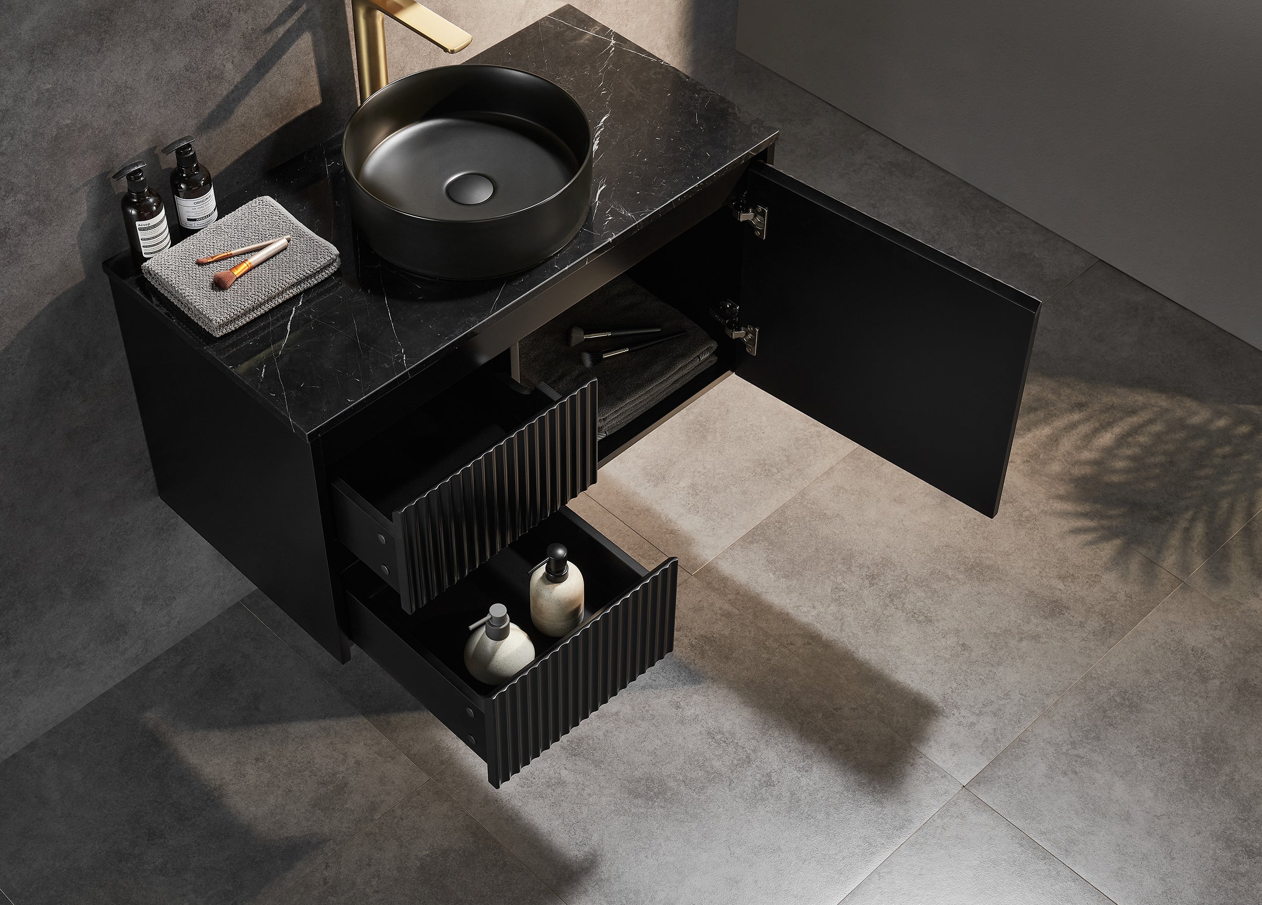 CETO BRINDABELLA MATTE BLACK 900MM SINGLE BOWL WALL HUNG VANITY (AVAILABLE IN LEFT HAND DRAWER AND RIGHT HAND DRAWER)