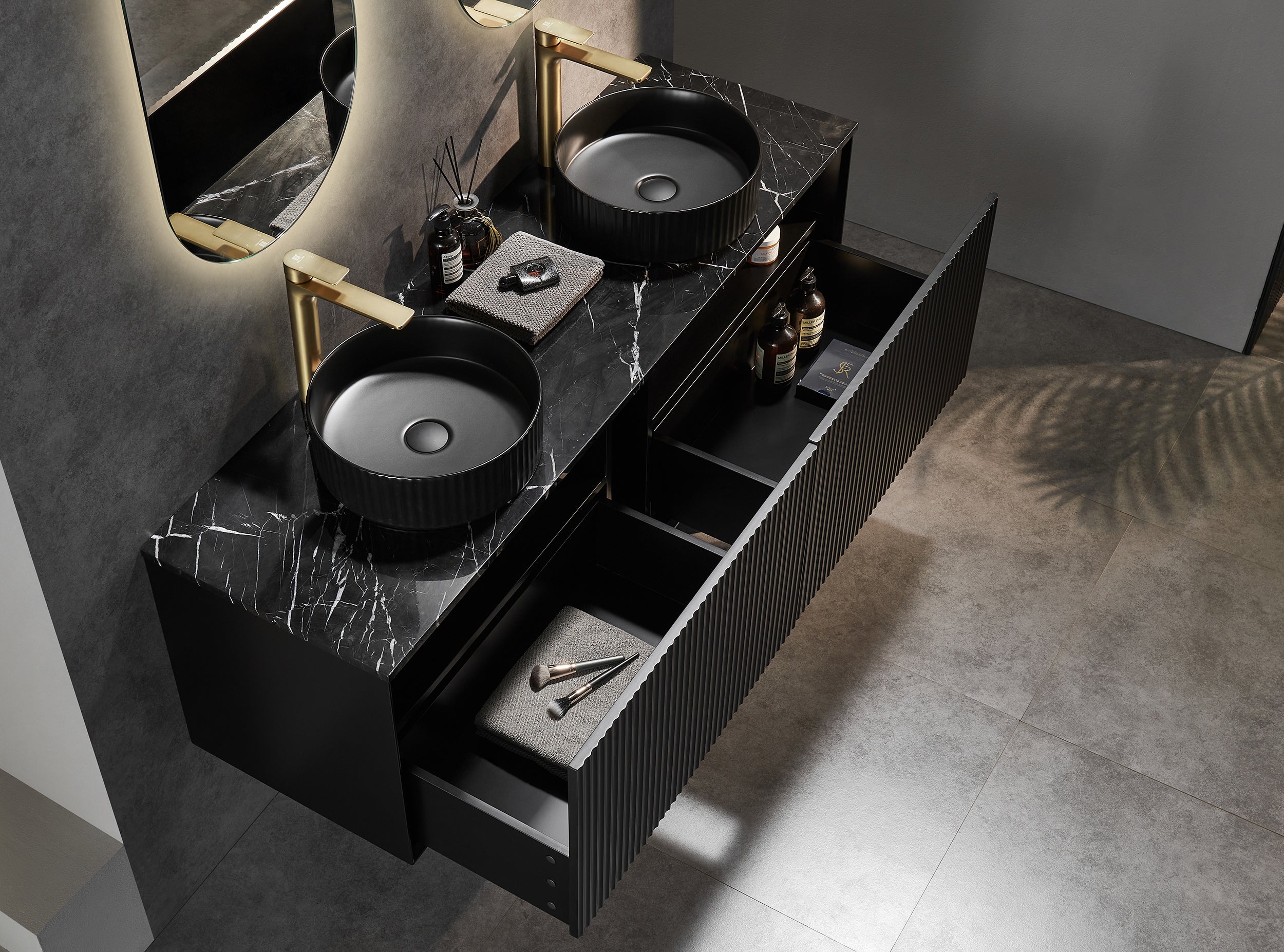 CETO KIRRIBILLI MATTE BLACK 1500MM DOUBLE BOWL WALL HUNG VANITY