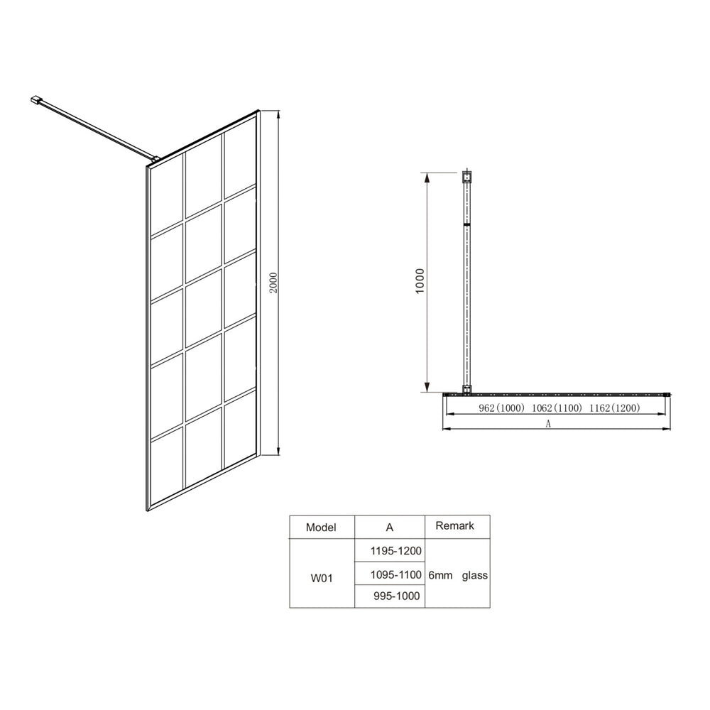 COVEY FRAMED 15 PRINTED GRILLS WALK IN SINGLE PANEL SHOWER SCREEN MATTE BLACK