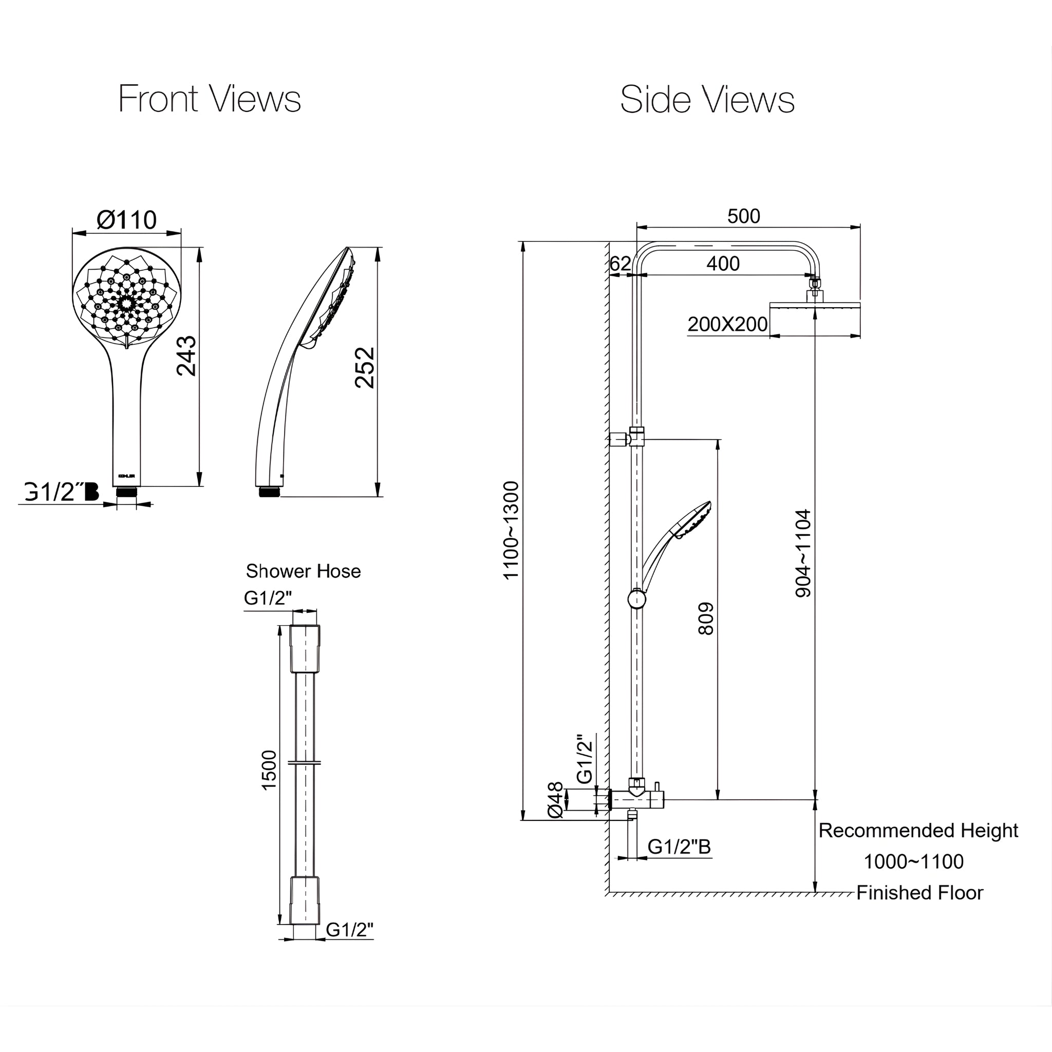 KOHLER RAIN DUET SQUARE HEAD SHOWER SYSTEM MATTE BLACK