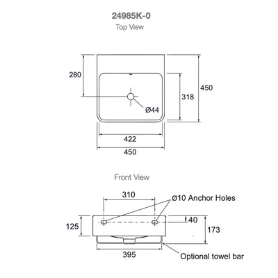 KOHLER FOREFRONT WALL HUNG BASIN WHITE 450MM