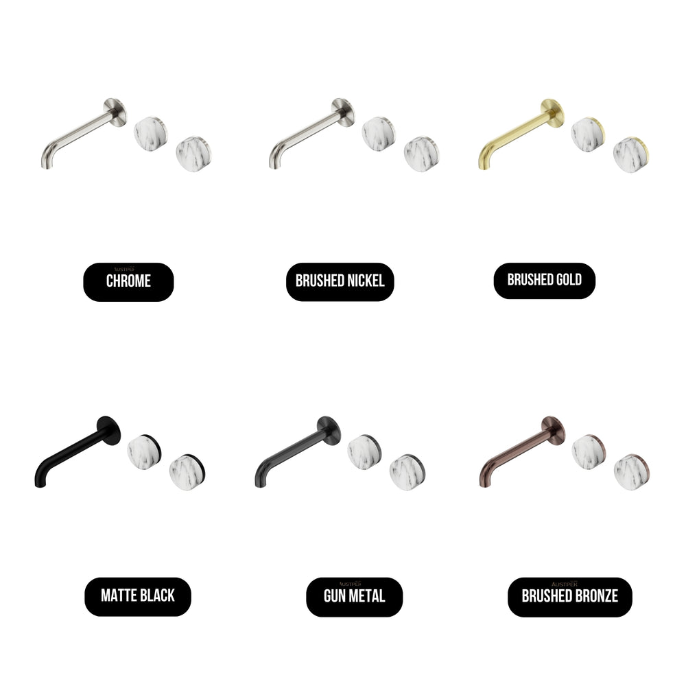 NERO SERENITY WALL BASIN SET OFFSET SPOUT WITH ARABESCATO CORCHIA HANDLE BRUSHED GOLD (AVAILABLE IN 160MM, 185MM AND 220MM)