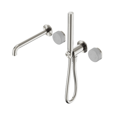 NERO SERENITY PROGRESSIVE SHOWER SYSTEM WITH SPOUT WITH CARRARA HANDLE AND SLIM SHOWER 220MM BRUSHED NICKEL