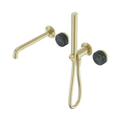 NERO SERENITY PROGRESSIVE SHOWER SYSTEM WITH SPOUT WITH VERDE ALPI HANDLE AND SLIM SHOWER 220MM BRUSHED GOLD