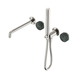 NERO SERENITY PROGRESSIVE SHOWER SYSTEM WITH SPOUT WITH VERDE ALPI HANDLE AND SLIM SHOWER 220MM BRUSHED NICKEL