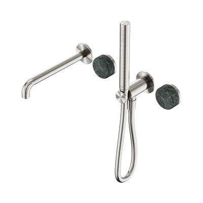 NERO SERENITY PROGRESSIVE SHOWER SYSTEM WITH SPOUT WITH VERDE ALPI HANDLE AND SLIM SHOWER 220MM BRUSHED NICKEL