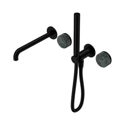 NERO SERENITY PROGRESSIVE SHOWER SYSTEM WITH SPOUT WITH VERDE ALPI HANDLE AND SLIM SHOWER 220MM MATTE BLACK