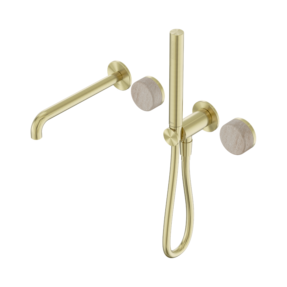 NERO SERENITY PROGRESSIVE SHOWER SYSTEM WITH SPOUT WITH ROME TRAVERTINE HANDLE AND SLIM SHOWER BRUSHED GOLD