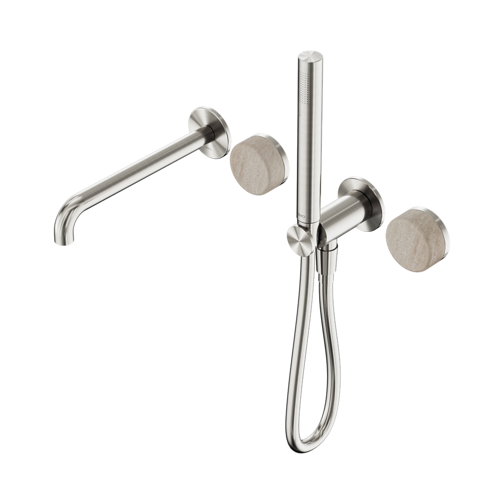 NERO SERENITY PROGRESSIVE SHOWER SYSTEM WITH SPOUT WITH ROME TRAVERTINE HANDLE AND SLIM SHOWER BRUSHED NICKEL
