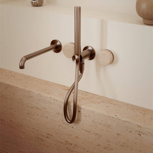 NERO SERENITY PROGRESSIVE SHOWER SYSTEM WITH SPOUT WITH ROME TRAVERTINE HANDLE AND SLIM SHOWER 220MM BRUSHED BRONZE