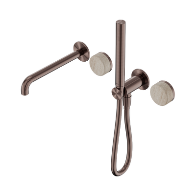 NERO SERENITY PROGRESSIVE SHOWER SYSTEM WITH SPOUT WITH ROME TRAVERTINE HANDLE AND SLIM SHOWER 220MM BRUSHED BRONZE