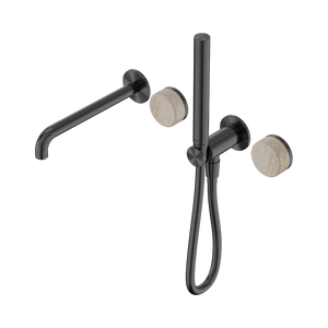 NERO SERENITY PROGRESSIVE SHOWER SYSTEM WITH SPOUT WITH ROME TRAVERTINE HANDLE AND SLIM SHOWER 220MM GUN METAL
