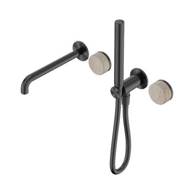 NERO SERENITY PROGRESSIVE SHOWER SYSTEM WITH SPOUT WITH ROME TRAVERTINE HANDLE AND SLIM SHOWER 220MM GUN METAL