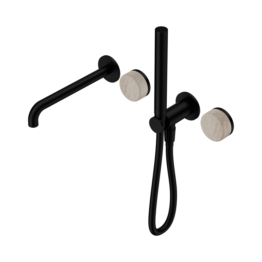 NERO SERENITY PROGRESSIVE SHOWER SYSTEM WITH SPOUT WITH ROME TRAVERTINE HANDLE AND SLIM SHOWER MATTE BLACK