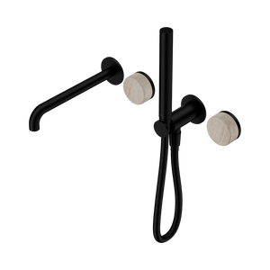 NERO SERENITY PROGRESSIVE SHOWER SYSTEM WITH SPOUT WITH ROME TRAVERTINE HANDLE AND SLIM SHOWER 220MM MATTE BLACK