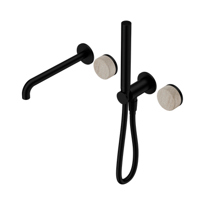NERO SERENITY PROGRESSIVE SHOWER SYSTEM WITH SPOUT WITH ROME TRAVERTINE HANDLE AND SLIM SHOWER 220MM MATTE BLACK