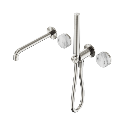 NERO SERENITY PROGRESSIVE SHOWER SYSTEM WITH SPOUT WITH ARABESCATO CORCHIA HANDLE AND SLIM SHOWER BRUSHED NICKEL