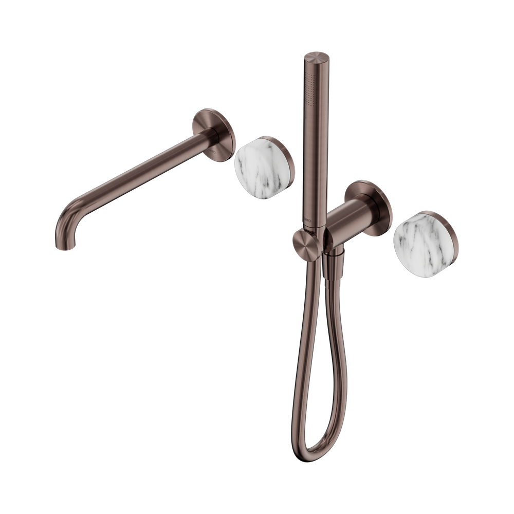 NERO SERENITY PROGRESSIVE SHOWER SYSTEM WITH SPOUT WITH ARABESCATO CORCHIA HANDLE AND SLIM SHOWER BRUSHED BRONZE