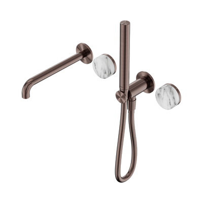 NERO SERENITY PROGRESSIVE SHOWER SYSTEM WITH SPOUT WITH ARABESCATO CORCHIA HANDLE AND SLIM SHOWER BRUSHED BRONZE