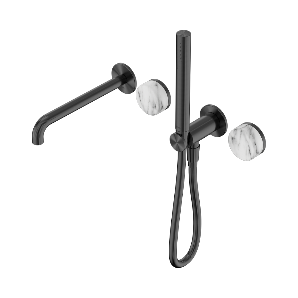 NERO SERENITY PROGRESSIVE SHOWER SYSTEM WITH SPOUT WITH ARABESCATO CORCHIA HANDLE AND SLIM SHOWER GUN METAL