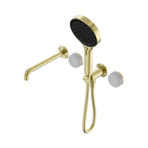 NERO SERENITY PROGRESSIVE SHOWER SYSTEM WITH SPOUT WITH CARRARA HANDLE AND SERENITY HAND SHOWER BRUSHED GOLD
