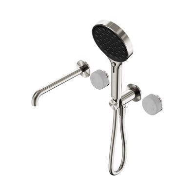 NERO SERENITY PROGRESSIVE SHOWER SYSTEM WITH SPOUT WITH CARRARA HANDLE AND SERENITY HAND SHOWER BRUSHED NICKEL