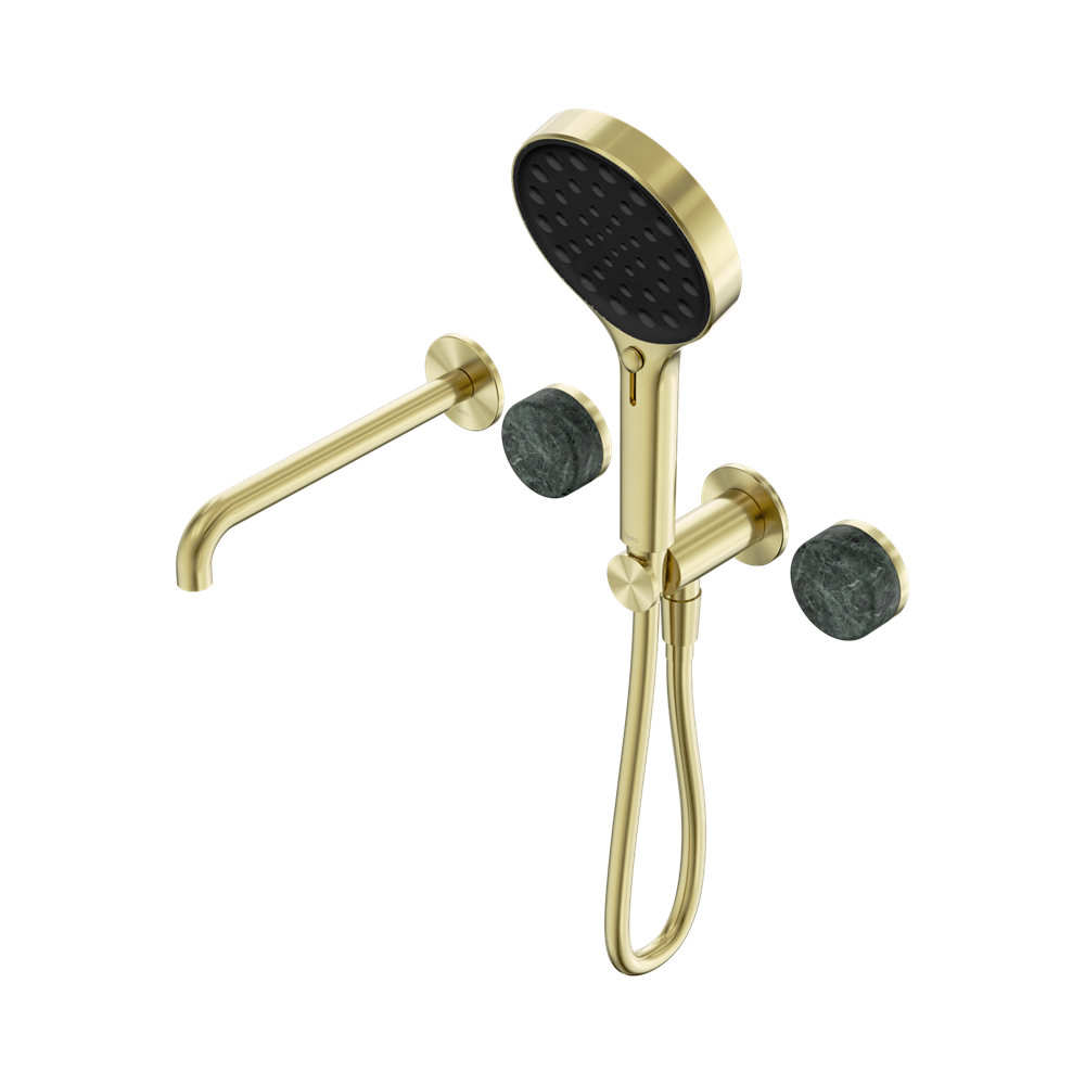 NERO SERENITY PROGRESSIVE SHOWER SYSTEM WITH SPOUT WITH VERDE ALPI HANDLE AND SERENITY HAND SHOWER BRUSHED GOLD