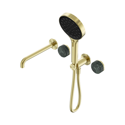NERO SERENITY PROGRESSIVE SHOWER SYSTEM WITH SPOUT WITH VERDE ALPI HANDLE AND SERENITY HAND SHOWER BRUSHED GOLD