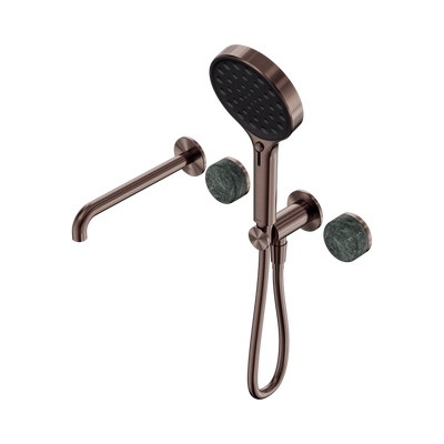 NERO SERENITY PROGRESSIVE SHOWER SYSTEM WITH SPOUT WITH VERDE ALPI HANDLE AND SERENITY HAND SHOWER BRUSHED BRONZE