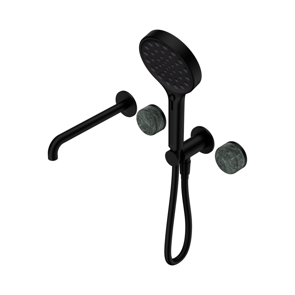 NERO SERENITY PROGRESSIVE SHOWER SYSTEM WITH SPOUT WITH VERDE ALPI HANDLE AND SERENITY HAND SHOWER MATTE BLACK