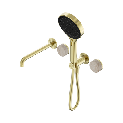 NERO SERENITY PROGRESSIVE SHOWER SYSTEM WITH SPOUT WITH ROME TRAVERTINE HANDLE AND SERENITY HAND SHOWER BRUSHED GOLD